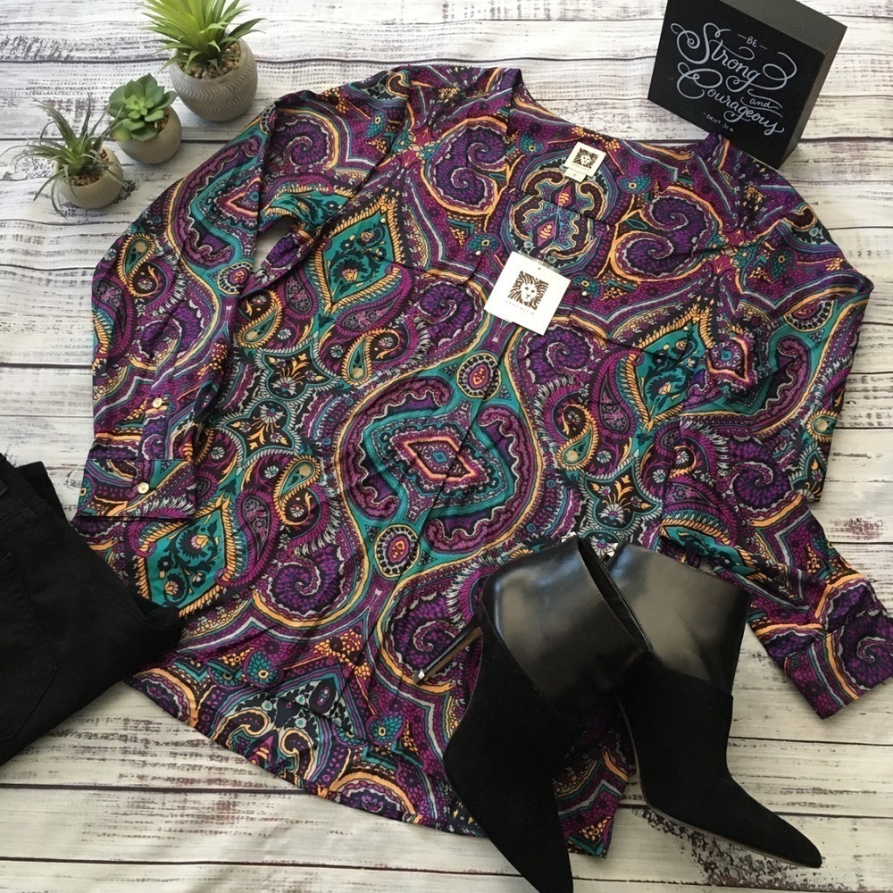Button Up Long Sleeve V Neck Paisley Blouse